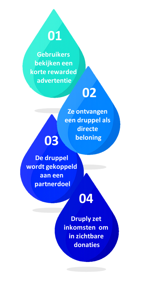 Infographic die laat zien hoe Druply werkt, van advertentie bekijken tot impact.